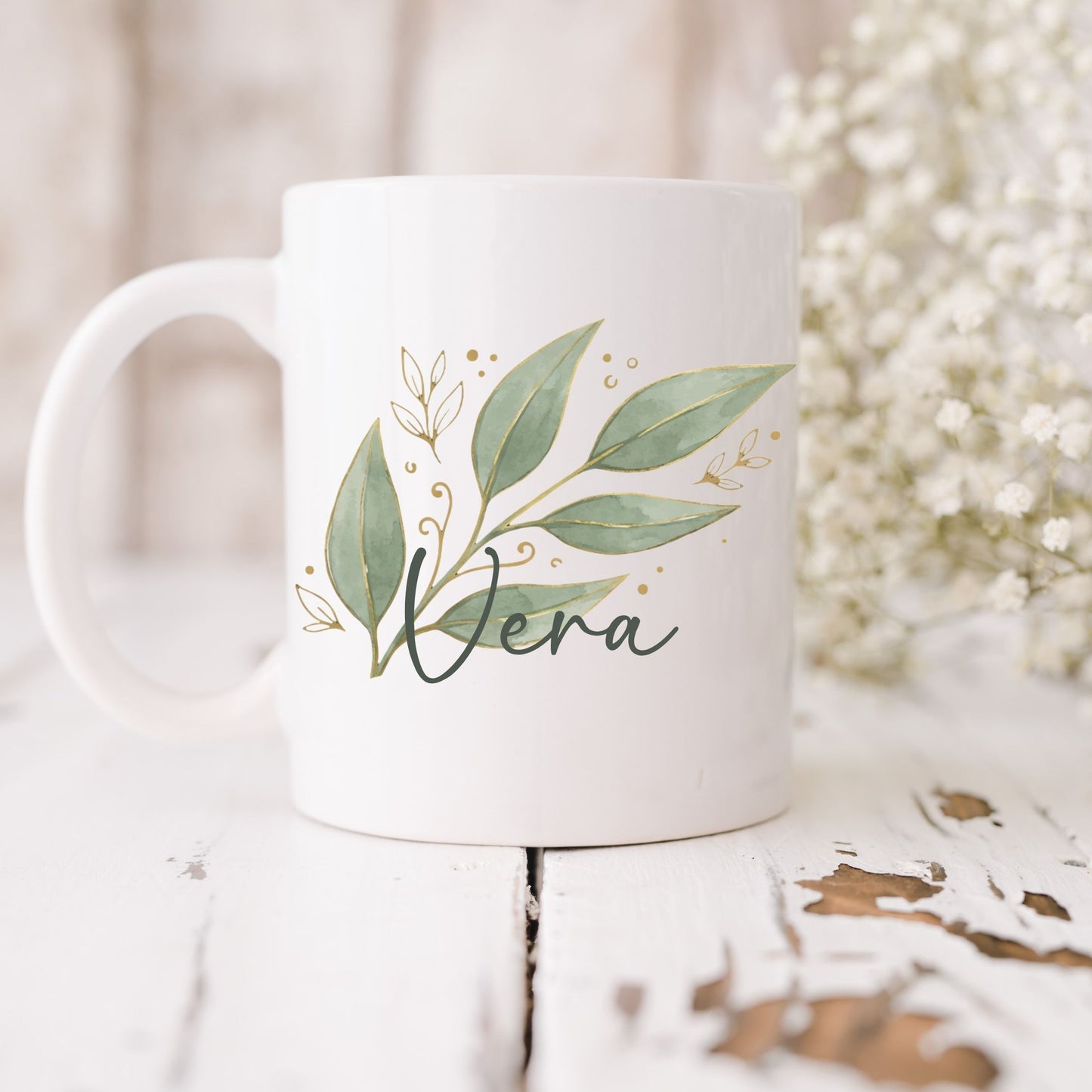 Personalisierbare Namenstasse – Tasse mit Eukalyptuszweig