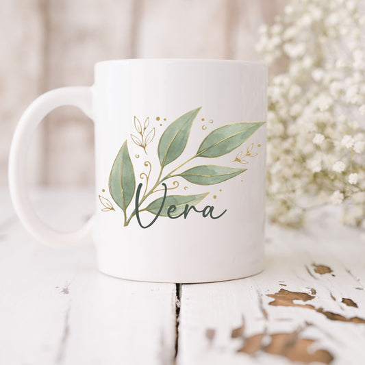 Personalisierbare Namenstasse – Tasse mit Eukalyptuszweig