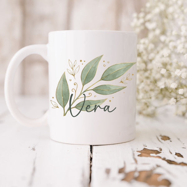 Personalisierbare Namenstasse – Tasse mit Eukalyptuszweig