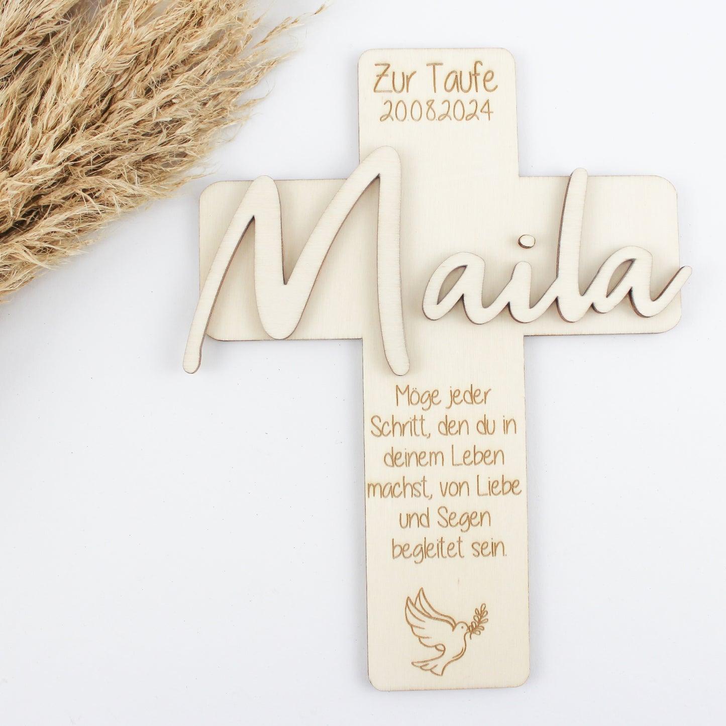 Geschenkset zur Taufe, Taufkreuz mit Namen aus Holz