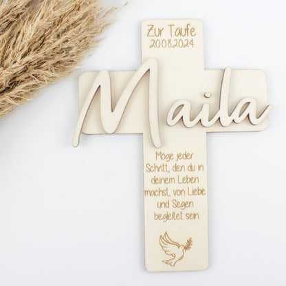 Geschenkset zur Taufe, Taufkreuz mit Namen aus Holz