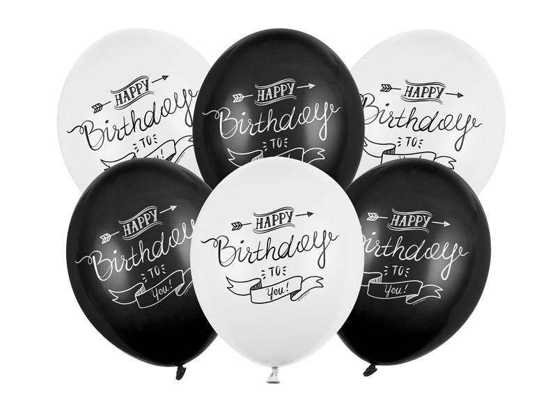 Luftballons 30cm, Happy Birthday, schwarz weiß 6 Stck