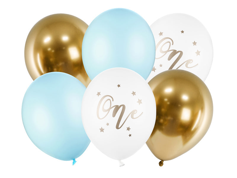 Luftballons 30cm, One, blau gold 6 Stck