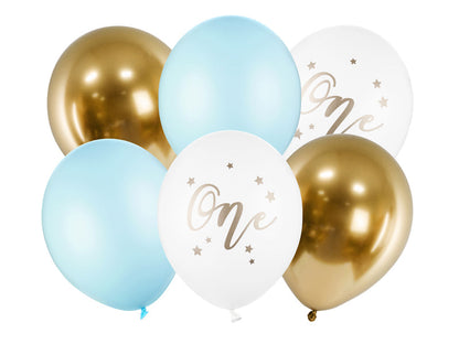 Luftballons 30cm, One, blau gold 6 Stck
