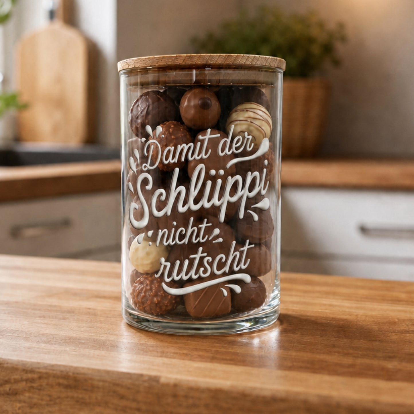 Lustiges Vorratsglas für Süßigkeiten – Bonbonglas mit Spruch „Damit der Schlüppi nicht rutscht“