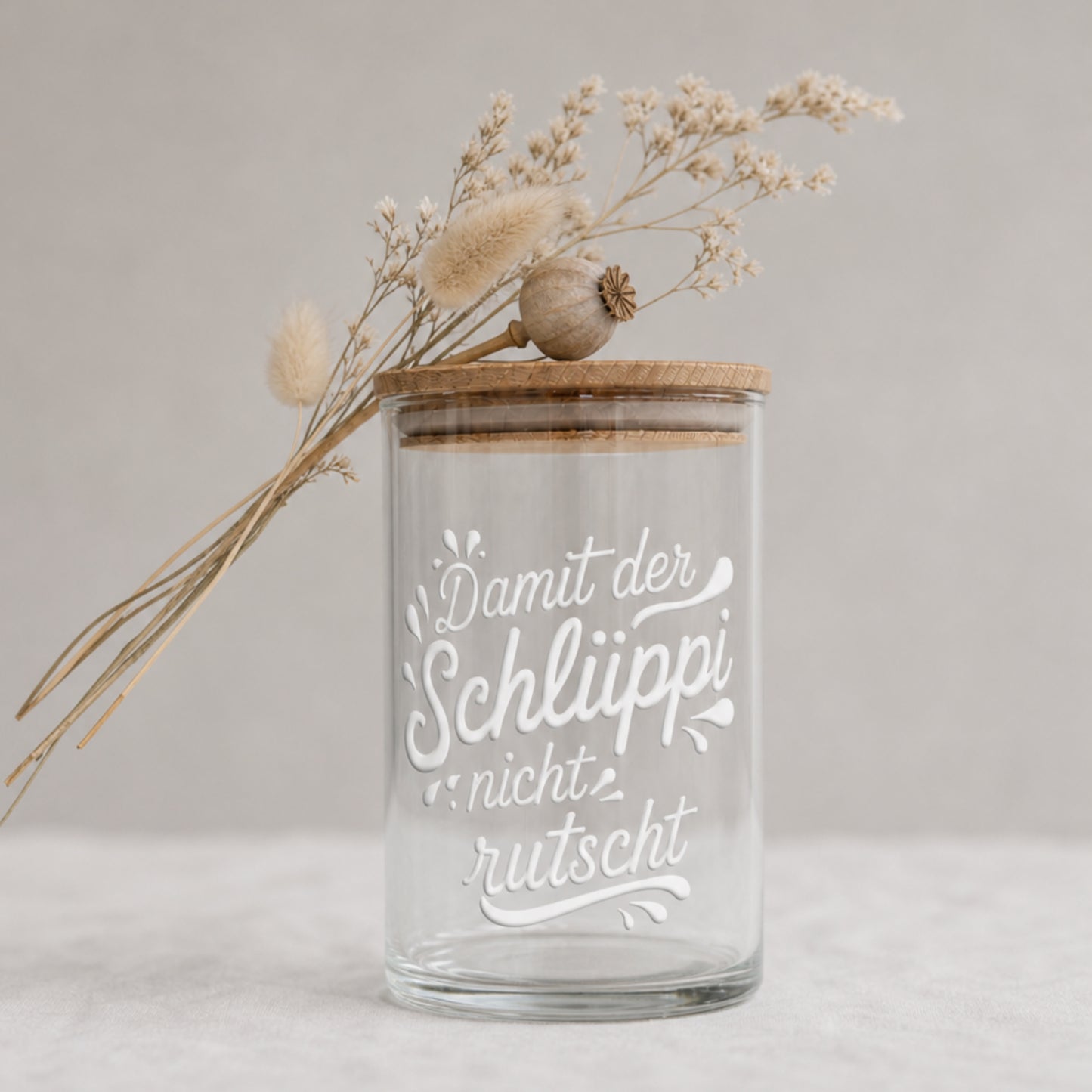Lustiges Vorratsglas für Süßigkeiten – Bonbonglas mit Spruch „Damit der Schlüppi nicht rutscht“